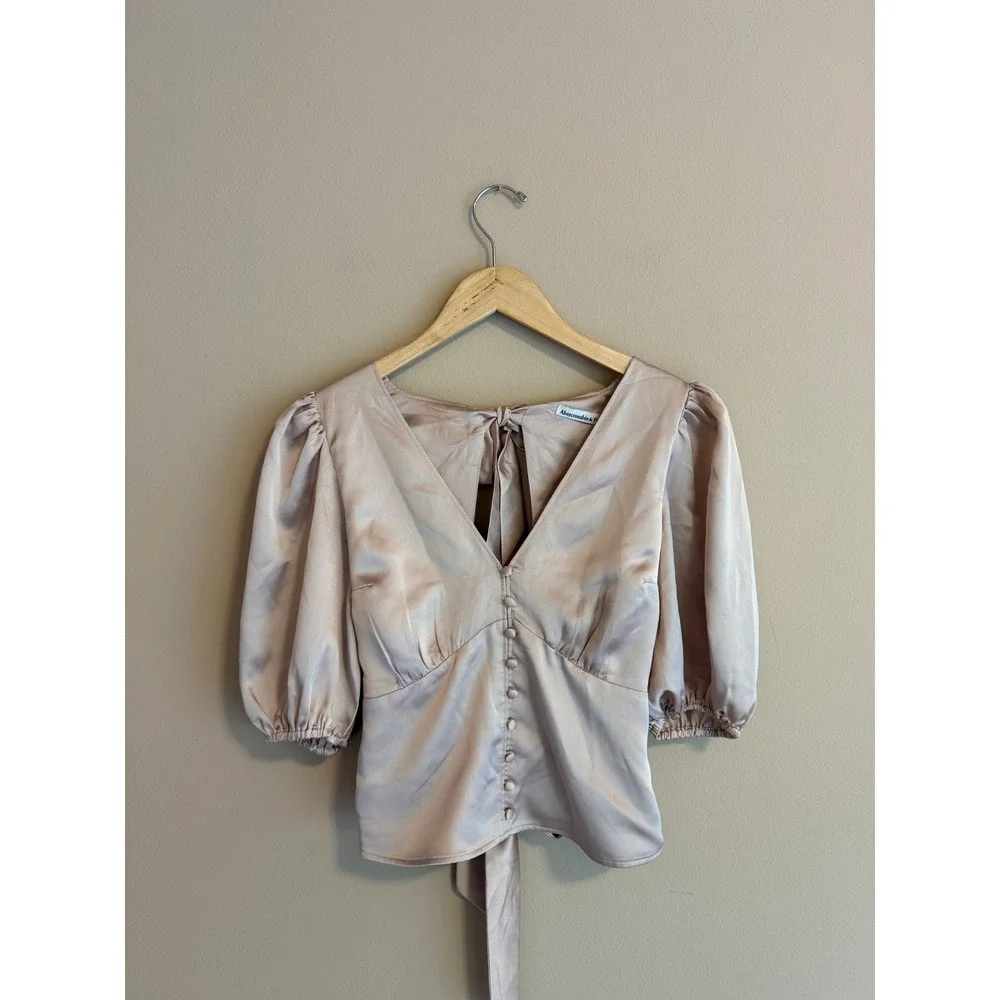 Abercrombie & Fitch Satin Puff Sleeve Tie Back V-Neck Blouse Champagne Small